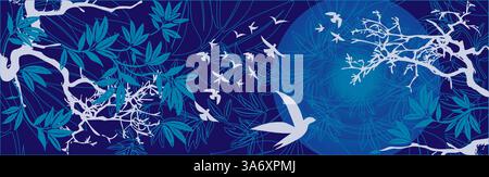 Sonnenuntergang östliche Landschaft Illustration mit Vögeln und Bäumen Hintergrund Blaue Farben Vektor-Design Stock Vektor