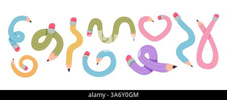 Verdrehter, gekrümmter Comic-Bleistift, der skizzenhaft kritzelnd ist. Linie Hand gezeichnet einfacher Bleistift. Flippiges flexibles Schulmaterial. Trendiges Schreibwerkzeug. Vektorabbildung Stock Vektor