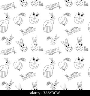 Nahtloses Schwarzweiß-Ostermuster mit entzückenden Eierzeichen, Hasen, Cupcakes und - Happy Easter - Text. Ausmalseite für Kinder. Stock Vektor