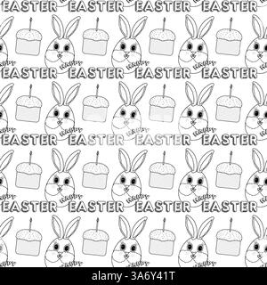 Nahtloses Schwarz-weiß-Muster mit anthropomorphen Osterhaseneiern, festlichen Osterkuchen und - Happy Easter - Text für die Ausmalseite. Stock Vektor