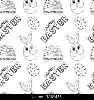 Einfarbiges, nahtloses Muster mit anthropomorphen Osterhaseneiern, dekorierten Eierkörben und festlichem Text. Perfekt zum Ausmalen von Seiten für Kinder. Stock Vektor