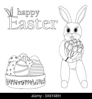 Ostermalseite in Schwarz und weiß mit einem Osterhasen mit Tulpen und einem dekorierten Ostereierkorb. Lustige Ausdrucke für Kinder, Bastelarbeiten. Stock Vektor
