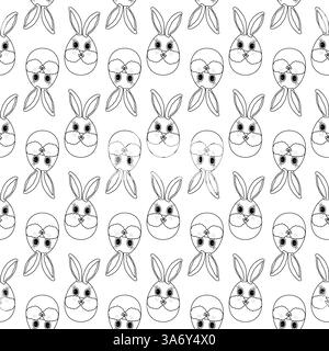 Sich wiederholende nahtlose Ostermuster in Schwarz und weiß mit niedlichen anthropomorphen Figuren, Osterhase Eier Illustrationen. Perfekt für Kinder zum Ausmalen. Stock Vektor