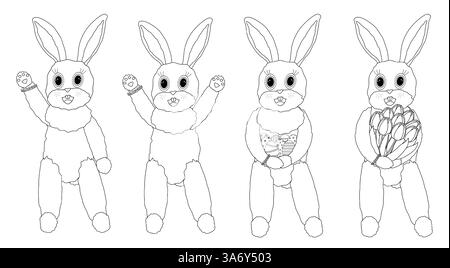Set aus vier ansehnlichen anthropomorphen Osterhasen in Schwarz und weiß mit niedlichen Posen und Accessoires. Ideal für Kinder und festliches Kunsthandwerk Stock Vektor