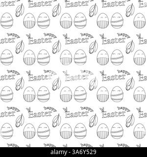 Nahtloses Schwarz-weiß-Muster mit dekorierten Ostereiern, anthropomorphen Paaren, Tulpen und - Happy Easter - Text für die Ausmalseite. Stock Vektor