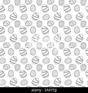 Nahtloses Schwarz-weiß-Muster mit dekorativen Ostereiern in verschiedenen Designs. Perfekt zum Ausmalen von Seiten, zum Einpacken und für festliche Projekte. Stock Vektor
