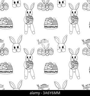 Nahtloses Ostermuster mit niedlichen anthropomorphen Häschen, Eierkörben und festlichen Elementen. Perfekt zum Basteln, für Textildrucke und zum Färben von Kindern. Stock Vektor