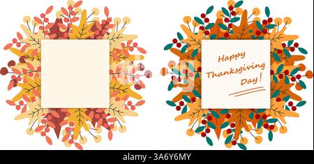Happy Thanksgiving Day Freihand-Inschrift Klartext Seiten Herbstlaub Hintergrund Copyspace Set 2. Isolierte Vektor-Illustration thematische Grußkarte, Poster, Preisschild, Etikett oder Web-Werbebanner Stock Vektor