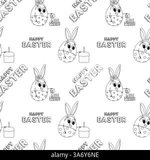 Nahtloses schwarz-weißes Ostermuster mit anthropomorphen Haseneiern, festlicher Osterkuchen und - Happy Easter - Text, ideal zum Ausmalen von Seiten. Stock Vektor