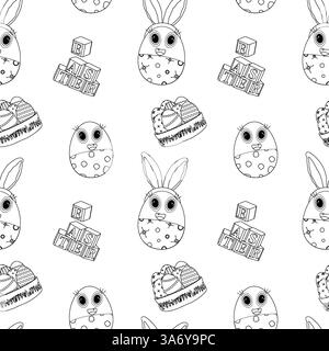 Nahtloses Schwarzweiß-Ostermuster mit anthropomorphen Ostereiern des Osterhasen, festlichen Körben und Briefblöcken. Perfekt zum Basteln von Kindern. Stock Vektor