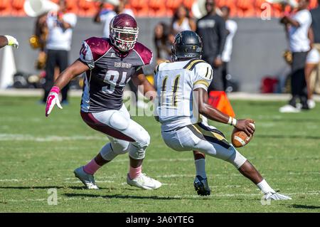 25. Oktober 2014: Houston, Texas, USA: Arkansas-Pine Bluff Golden Lions Quarterback Benjamin Anderson (11) wird von dem Texas Southern Tigers Defensivliner Derrick Lyles (94) während eines NCAA-Fußballspiels zwischen der University of Arkansas at Pine Bluff Golden Lions und den Texas Southern Tigers im BBVA Compass Stadium, Houston, Tx, verfolgt. Arkansas-Pine Bluff Beat TSU 38-37(Bild: © Rudy Hardy/Cal Sport Media/ZUMAPRESS.com) Stockfoto
