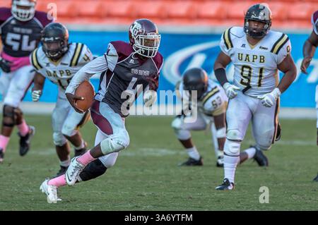 25. Oktober 2014: Houston, Texas, USA: Der Quarterback der Texas Southern Tigers Homer Causey (4) holt sich einen ersten Rückstand während eines NCAA-Fußballspiels zwischen der University of Arkansas at Pine Bluff Golden Lions und den Texas Southern Tigers im BBVA Compass Stadium, Houston, Tx. Arkansas-Pine Bluff Beat TSU 38-37(Bild: © Rudy Hardy/Cal Sport Media/ZUMAPRESS.com) Stockfoto