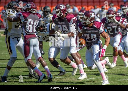 25. Oktober 2014: Houston, Texas, USA: Texas Southern Tigers Defensivback LeTevin Wilcox (29) erhält während eines NCAA-Fußballspiels zwischen der University of Arkansas at Pine Bluff Golden Lions und den Texas Southern Tigers im BBVA Compass Stadium, Houston, Tx, gute Blockade. Arkansas-Pine Bluff Beat TSU 38-37(Bild: © Rudy Hardy/Cal Sport Media/ZUMAPRESS.com) Stockfoto