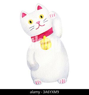 Aquarellillustration von weißem maneki-neko mit goldener Glocke. Handgezeichnete Katze japanisches Glückssymbol auf weißem Hintergrund, asiatische Souvenirs Stockfoto