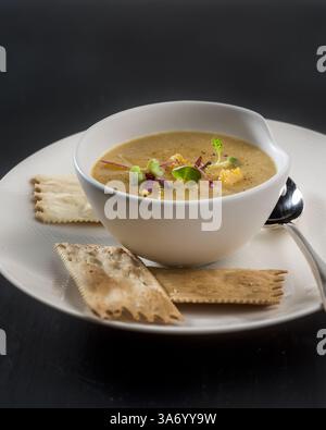 8. Oktober 2014 - Chicago, IL, USA - Ein fertiges Foto von Butternusskürbis-Suppe im Tribune Studio am Mittwoch, 8. Oktober 2014 für die Spalte „Home on the Range“. Gestylt von Joan Moravek. (Bild: © Bill Hogan/TNS/ZUMA Wire) Stockfoto