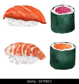 Luxuriöse japanische Fischspezialitäten. Aquarellillustration von Sushi Set mit frischem Lachs, Thunfisch, Garnelen auf weißem Hintergrund. Malen für Menü, Post Stockfoto