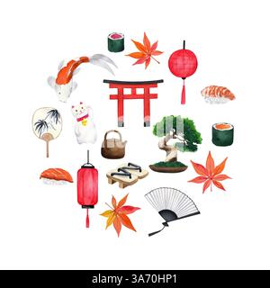 Koi-Fisch, Laterne, Bonsai-Kiefer, Fans, Ahorn, Sushi, maneki neko, Torii-Tor. Handgezeichnete Aquarellillustration. Für die Gestaltung von Ausdrucken, Aufkleber Stockfoto