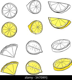 Isolierte Symbolgruppe mit frischen Zitronenfrüchten. Gelbe und schwarze und weiße Zitronen-Frucht-Vektor-grafische Linie Tinte Illustration für Paket, Küchendesign, Stock Vektor