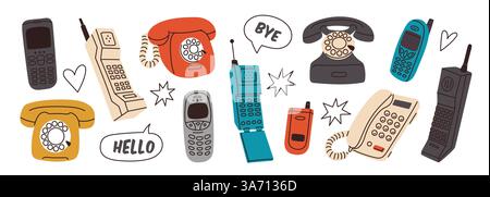 Retro-Telefone. Alte elektronische Geräte, Fernkommunikation alte Geräte, Wähltelefon, Kabel, Wireless und Radio, Nostalgie-Symbole, Cartoon Flat Stock Vektor