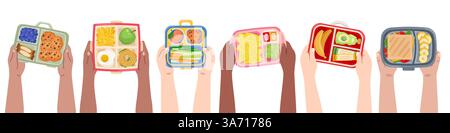 Kinder halten Lunchboxen. Blick von oben, Essensbehälter, Schulsnacks in Box, Kindergartenfrühstück, Kinder gesund essen Sandwiches, Cartoon Wohnung Stock Vektor