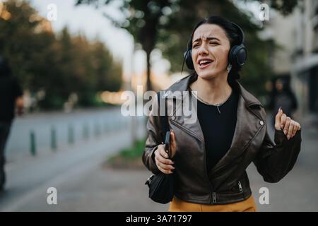 Die Frau singt und genießt fröhlich Musik, während sie im Freien mit Kopfhörern läuft Stockfoto