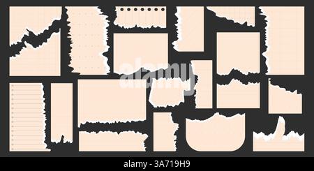 Set aus beigefarbenen dekorativen Papierresten. Zerrissenes Notizblatt, Notizblock, Notiz, Tagebuch. Stücke zerrissenes Papier in einem Käfig, Streifen und Punkt, Clip-Art. Vektor Stock Vektor