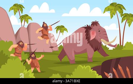 Höhlenmenschen auf der Jagd. Steinzeitmenschen mit Speeren jagen Mammut, primitive Männer in Tierhaut, prähistorische Zeit, tropische Landschaft Cartoon Flat Stock Vektor