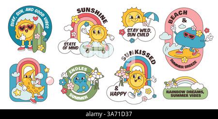 Aufkleber mit Retro-Zeichentrickfiguren. Groovige coole Embleme, lustige Wetter-Maskottchen, Sonne, Wolke, Regenbogen, Erde und Mond, Aufkleber, Emoticon isoliert Stock Vektor