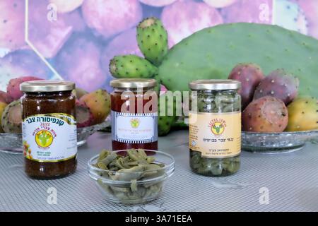 6. November 2014 – Israel – Nebenprodukte des Kaktusanbaus sind Konfitüren, eingelegte Kaktuspads und Aufstriche auf der Orly Cactus Farm, einem 1975 gegründeten Familienunternehmen. Auf einer Fläche von 160 Hektar des zerklüfteten Negev-Wüsten-Geländes wird jährlich über 8.000 Tonnen Kaktusbirnen angebaut und produziert, von denen 50 Prozent exportiert werden. Obst ist reichlich vorhanden und ist zehn Monate im Jahr über 200 Kilometer an „Kaktusboulevards“ erhältlich, trotz jährlicher Regenfälle von nicht mehr als 70 mm. (Bild: © Nir Alon/ZUMA Wire) Stockfoto