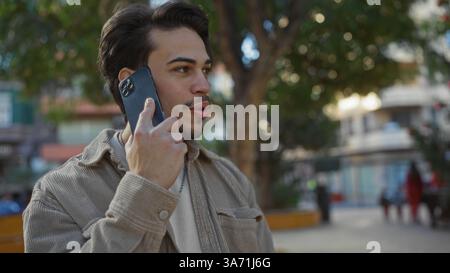 Junger hispanischer Mann telefoniert tagsüber im Stadtpark mit Bäumen und Stadtgebäuden im Hintergrund Stockfoto