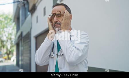 Hispanischer Mann, Arzt mittleren Alters in Brille mit Stethoskop, erscheint draußen auf einer Stadtstraße in der Nähe des Krankenhausgebäudes gestresst und drückt Müdigkeit un aus Stockfoto