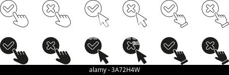 Interaktionslinie Und Ausgefüllter Symbolsatz Prüfen Und Kreuzen. Klicken Sie Auf Und Cursor-Symbol-Sammlung. Abbildung Des Isolierten Vektors Stock Vektor