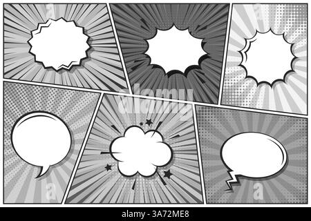 Comic-Hintergrund-Set. Sprechblase. Schwarz-weißes Poster des Comics mit Rasterelementen und radialen Linien. Pop-Art-Stil im Retro-Stil. Vektor Stock Vektor