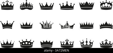 Royal Crown und Tiara Solid Iconset. Sammlung majestätischer Kronensymbole. Königtum, Macht und Adel. König und Königin Kopfschmuck Silhouette Symbol Stock Vektor