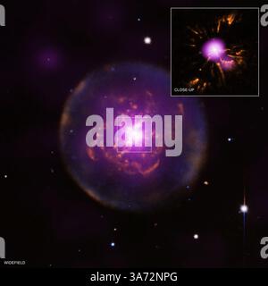 16. November 2012 - diese Bilder des planetaren Nebels Abell 30 zeigen eine der klarsten Ansichten, die je von einer speziellen Evolutionsphase für diese Objekte erhalten wurden. Das Bild rechts zeigt Röntgendaten des Chandra X-ray Observatory der NASA in Purple und Daten des Hubble Space Telescope, die optische Emission von Sauerstoff-Ionen in Orange zeigen. Auf der linken Seite ist eine größere Ansicht mit optischen und Röntgendaten vom Kitt Peak National Observatory bzw. XMM-Newton der ESA zu sehen. In dieser Abbildung zeigen die optischen Daten die Emission von Sauerstoff (orange) und Wasserstoff (grün und blau), an Stockfoto
