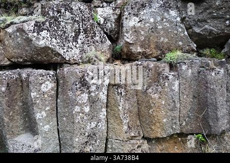Nahaufnahme der Basaltsäulen, die eine Mauer bilden und die einzigartigen geologischen Merkmale der vulkanischen Landschaft Islands zeigen Stockfoto