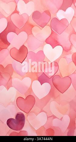 Bezaubernde rosa Aquarellherzen in nahtlosem Muster, perfekt für Valentinstag, Liebesmotive, romantische Tapeten oder elegante Dekorationen. Stockfoto