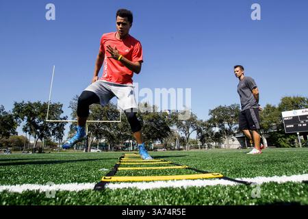 Februar 2015 - Tampa, Florida, USA - WILL VRAGOVIC | TIMES. Chris Archer läuft am Donnerstag, den 12. Februar 2015, im Skyway Park in Tampa durch eine Seilleiter für eine Speed- und Agilitätsübung während eines Spring Training Prep Workouts mit Jason Riley, Director of Sports von Performance Compound. (Bild: © will Vragovic/Tampa Bay Times/ZUMA Wire) Stockfoto