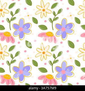Handgezeichnetes nahtloses Blumenmuster mit rosa, gelben und blauen Blüten und grünen Blättern Stock Vektor