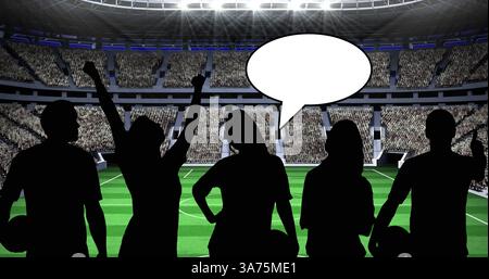 Bild von goldenen Konfetti und Silhouetten von Sportfans mit Sprechblase über dem Sportstadion Stockfoto