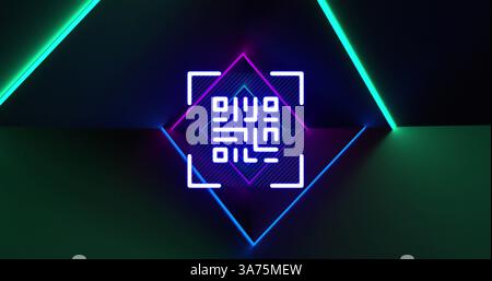 Bild des qr-Codes, der über grünem Neonhintergrund leuchtet Stockfoto