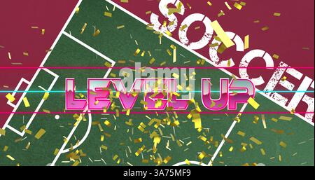 Bild von Wörtern in rosa und goldenen Konfetti, die auf dem Sportplatz über Wortfußball fallen Stockfoto