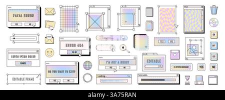 Satz digitaler Retro-Desktop-Symbole und -Rahmen. Meldungsfenster für Vektor-pc oder Computer und Symbole für die Benutzeroberfläche. Benachrichtigung über Vintage-Anwendungen. Stock Vektor