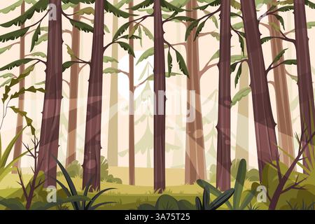 Wald- oder Waldlandschaft. Vektor Natur, Panoramablick im Freien. Hintergrund mit üppigem Grün, Bäumen. Waldlandschaft mit Artenvielfalt. Naturkulisse Stock Vektor
