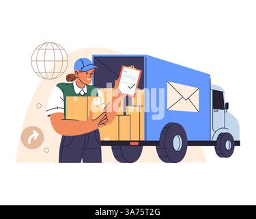 Vektor-Land-Paketzustellungszeichen. Kisten aus LKW- und Frachtkarton. Symbol für Bodenversand, Clipart für Express-Kurierdienste. Logistiktransport. Stock Vektor