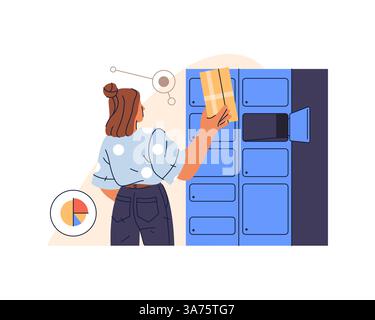 Frau, die Postfächer in der Posteinrichtung oder im Postzentrum benutzt. Vektorzeichen für den Empfang von Post und Paketen, Korrespondenz. Paketabholung oder Postaufbewahrung. Stock Vektor