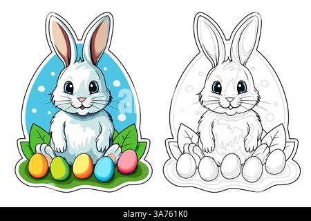 Entzückender Osterhase mit bunten Eiern, präsentiert in lebendigen und farbenfrohen Buchstilen. Ideal für Urlaubsdekor, Grußkarten und Kinder Stock Vektor