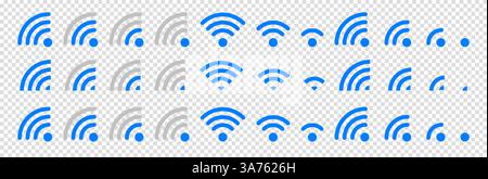 Satz von Vektor-Wi-Fi-Symbolen für Kommunikation, Telekommunikation. wlan-Signalpegel für drahtlose Kommunikation. Clipart-Abbildung. Status der mobilen Leiste. Stock Vektor