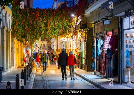 Eine enge Gasse mit Geschäften und Cafés, die nachts mit Pflanzen und Blumenvorhängen beleuchtet sind, im historischen plaka-Viertel von Athen, Griechenland. Stockfoto