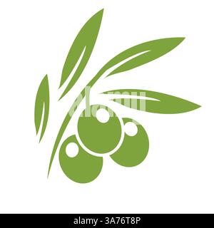 Olivenzweig mit Oliven, grüner Olivenikonvektor in flacher Art Illustration isoliert auf weißem Hintergrund. Stock Vektor